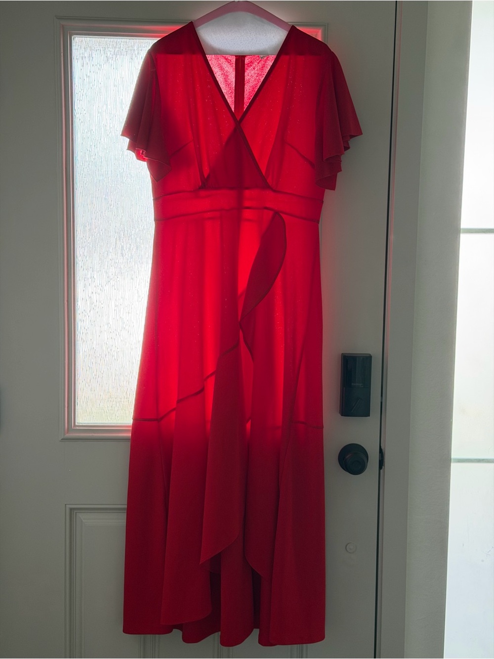 Red V-Neck High-Low Ruffle Dress
